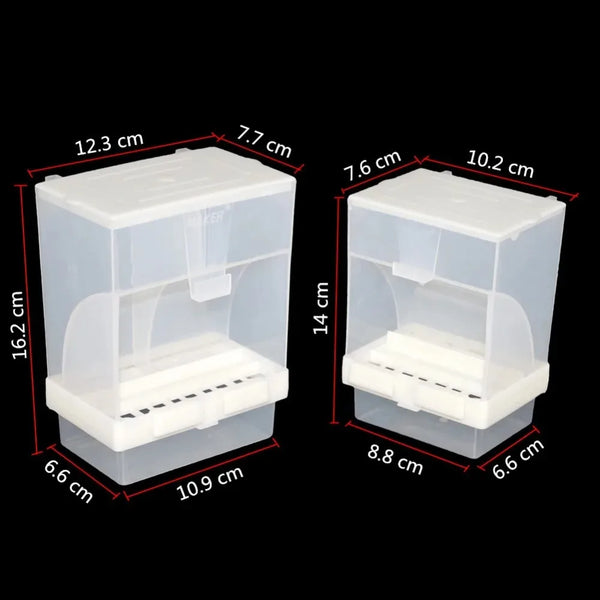 A clear plastic automatic bird feeder with a splash-proof design shown from the top and side.