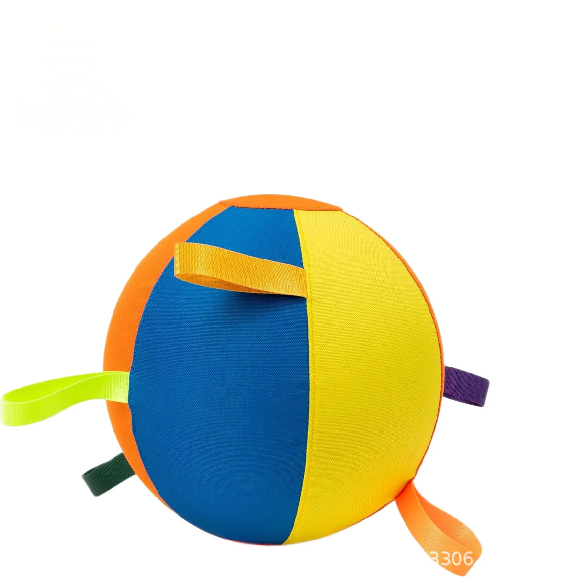 An inflatable dog training ball with a colorful, segmented cover in blue, orange, and yellow.