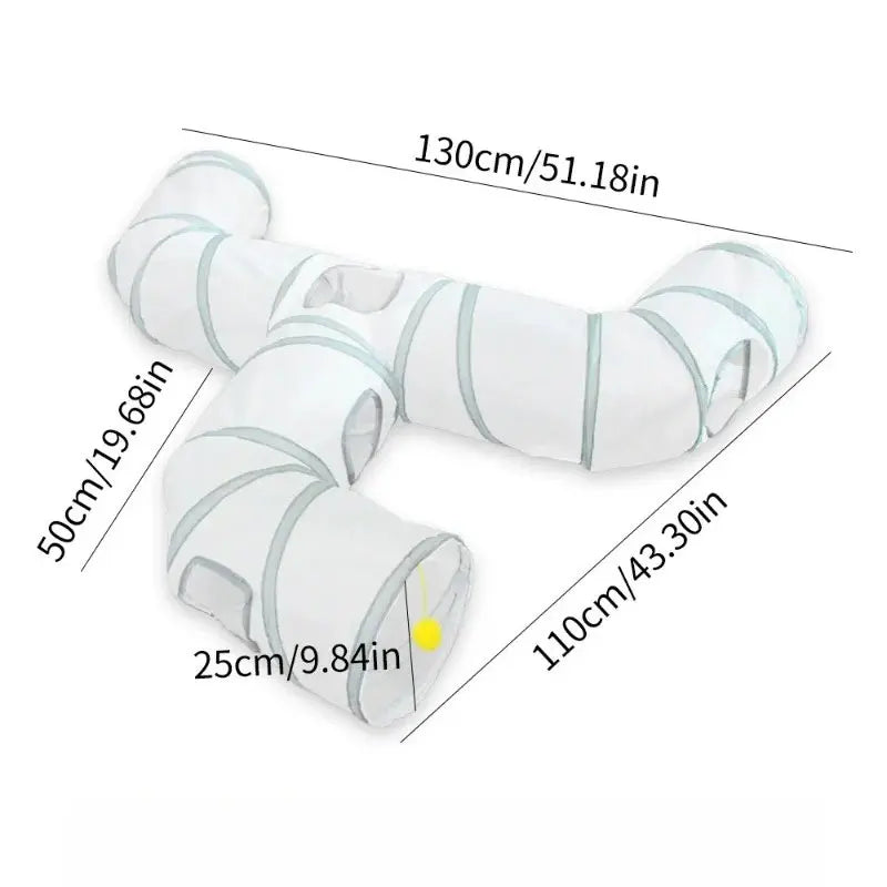 White collapsible indoor play tunnel for cats shown lying flat with dimensions provided.