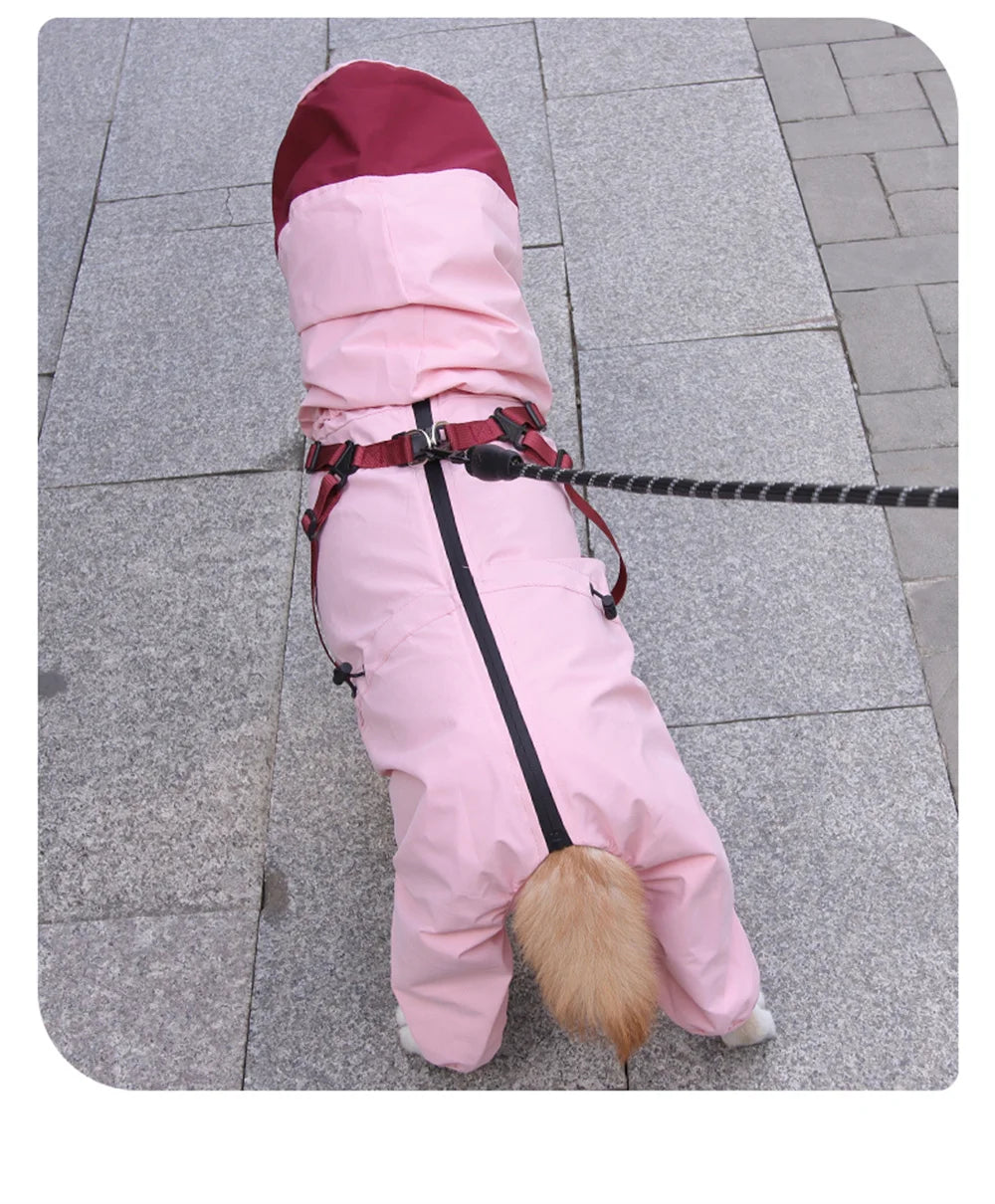 Double-Layer Waterproof Dog Raincoat with Built-in Harness and Detachable Hood