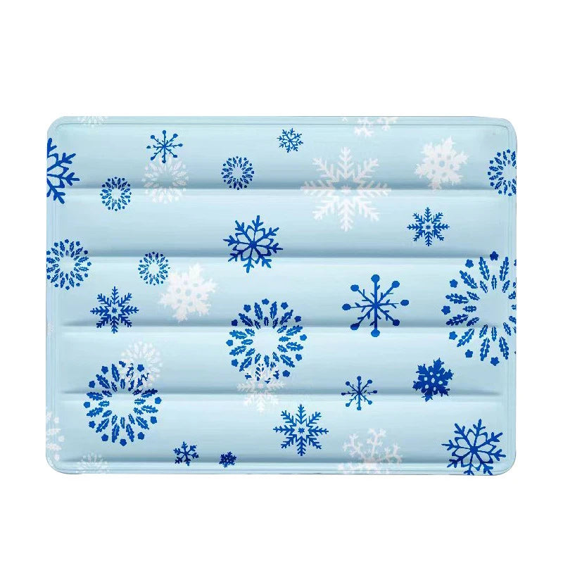 Light blue silicone pet mat with a winter snowflake pattern for dogs and cats