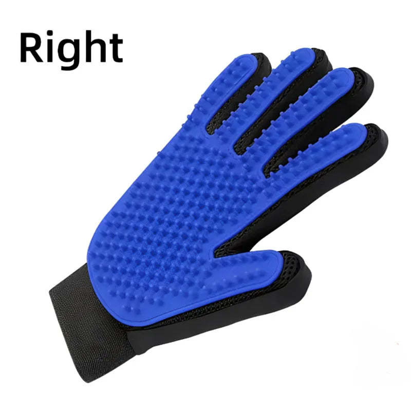 A blue silicone pet grooming glove with black accents shown from the palm side.