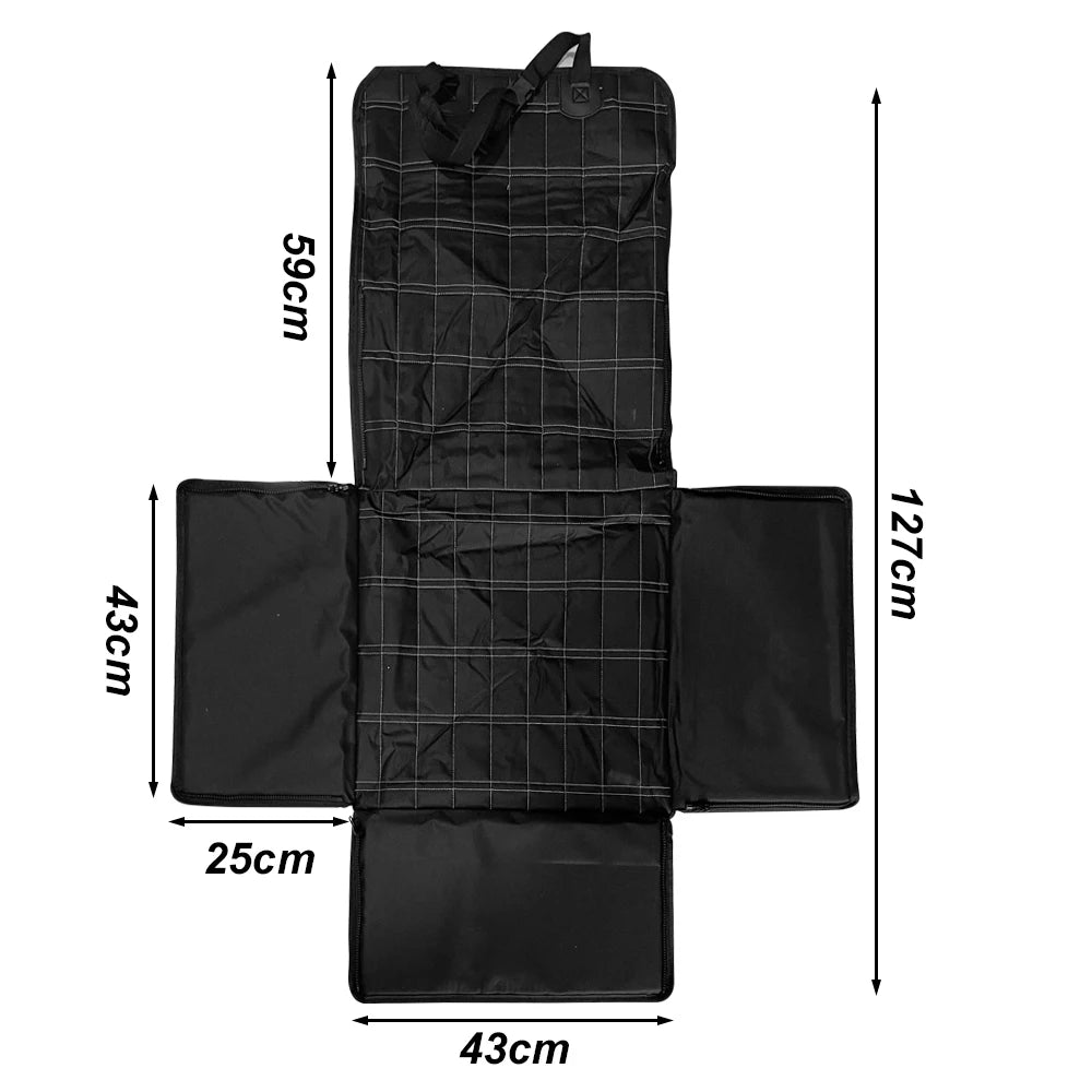 Black waterproof dog car seat hammock with various sized sections and straps