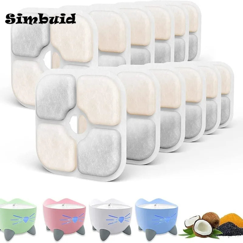 Replacement filters for a cat water fountain shown in various colors and shapes.