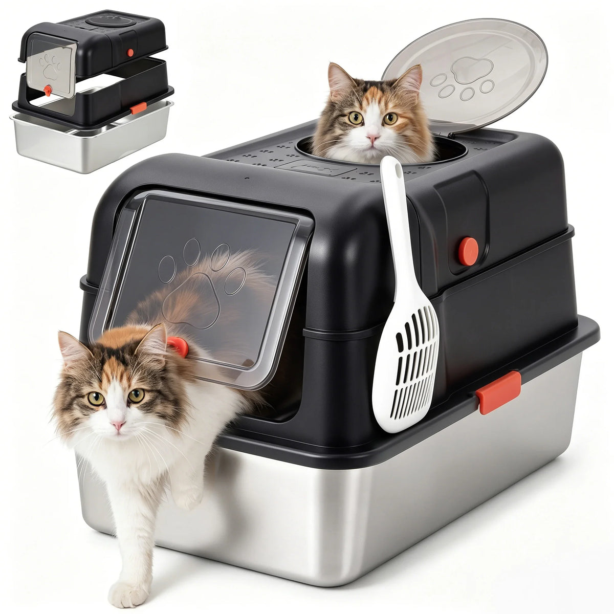 Large Stainless Steel Enclosed Cat Litter Box with Anti-Slip Base