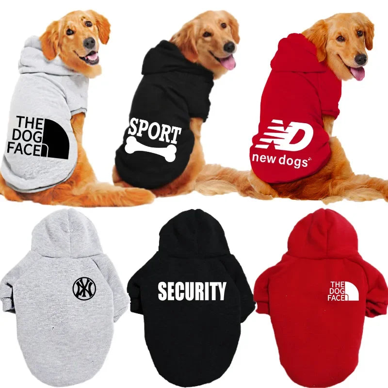 A collection of cozy fleece pet hoodies for dogs in gray, black, and red.