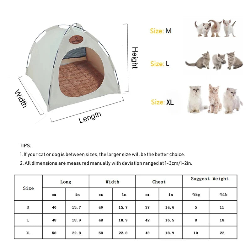 A white foldable outdoor cat tent shown in various sizes M, L, and XL with dimensions provided.