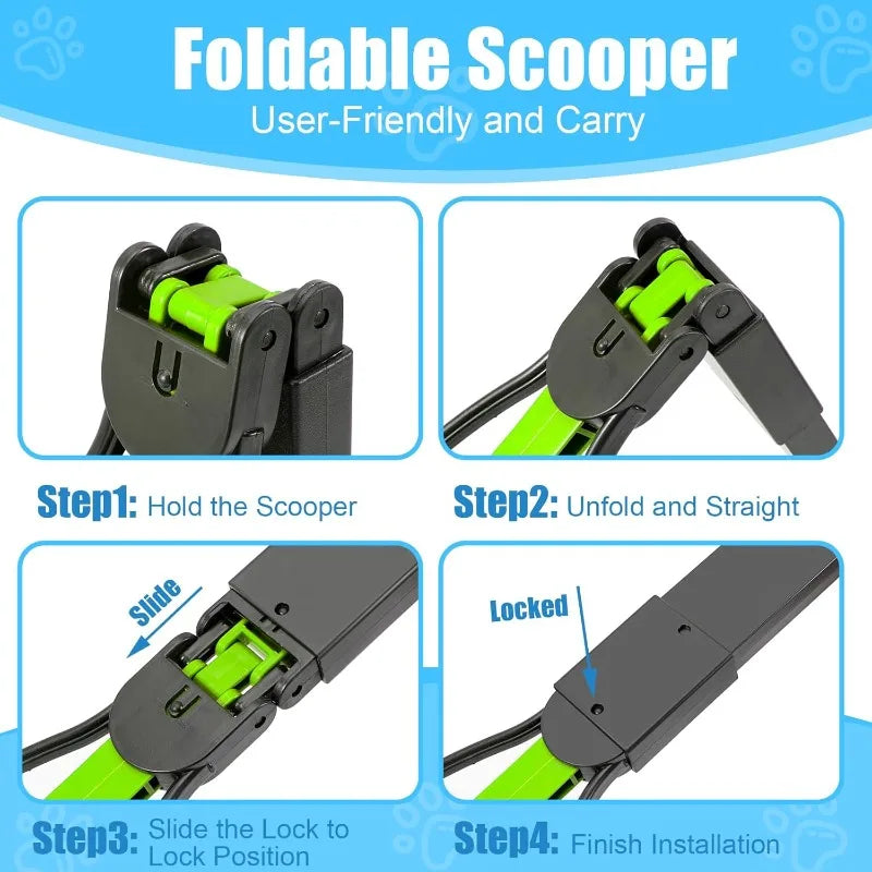 Instructions showing how to fold, unfold, and lock a foldable pet scooper for easy carrying
