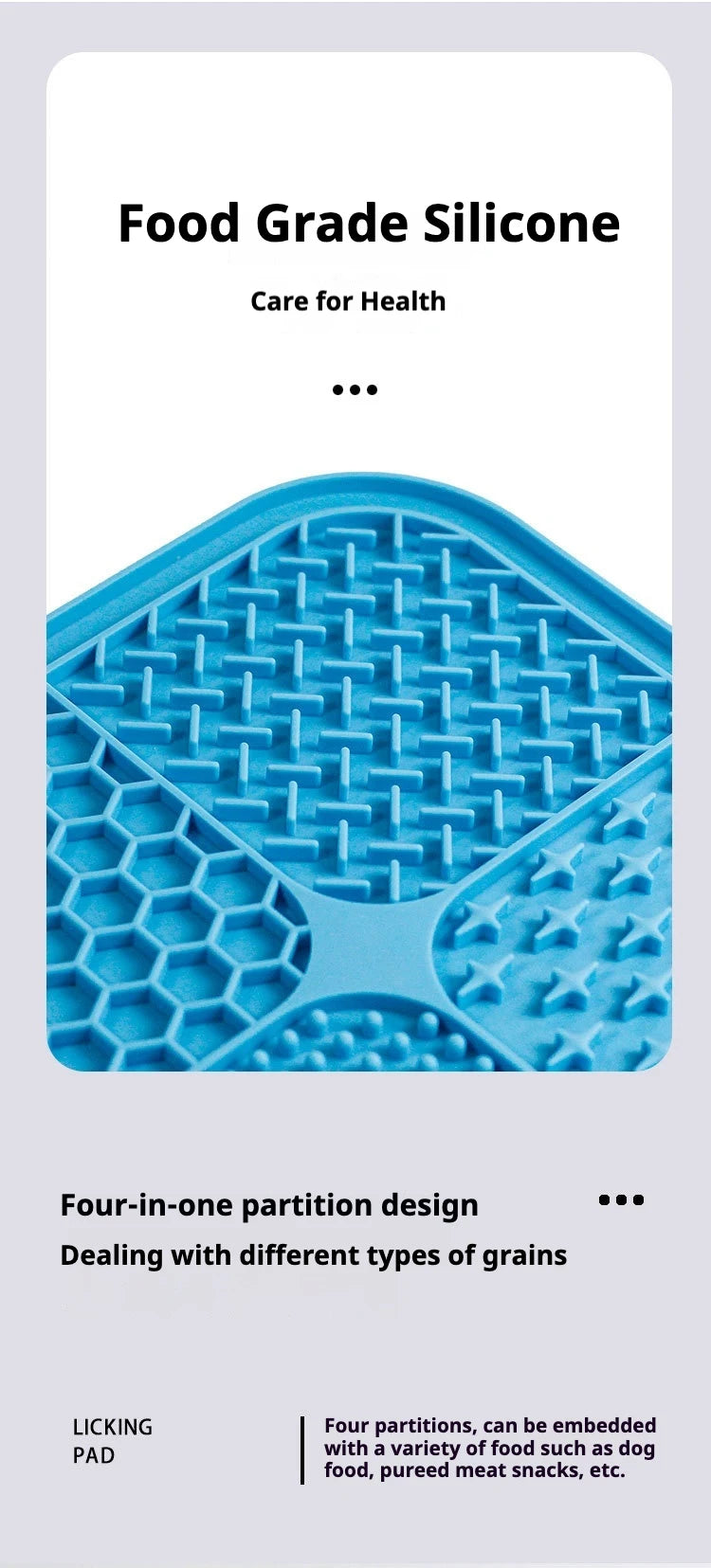 Blue silicone food grade mat with a four-in-one partition design for separating different types of grains.