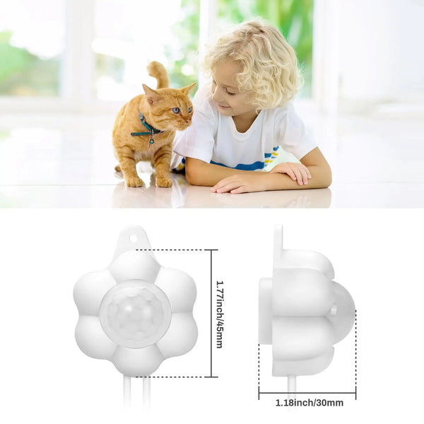 A white automatic pet water dispenser with a motion sensor is shown next to a child and a cat.