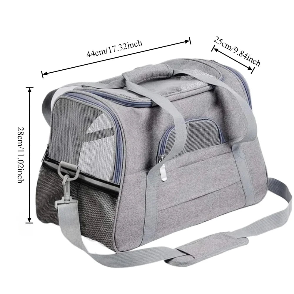 A gray foldable pet travel carrier bag with a breathable mesh design shown from the top.