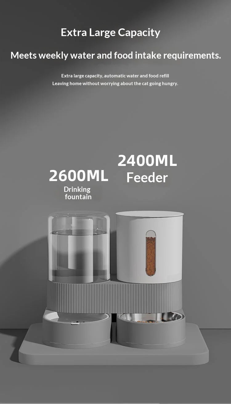 A white automatic gravity pet feeder and water dispenser combo with multiple compartments for feeding and drinking.