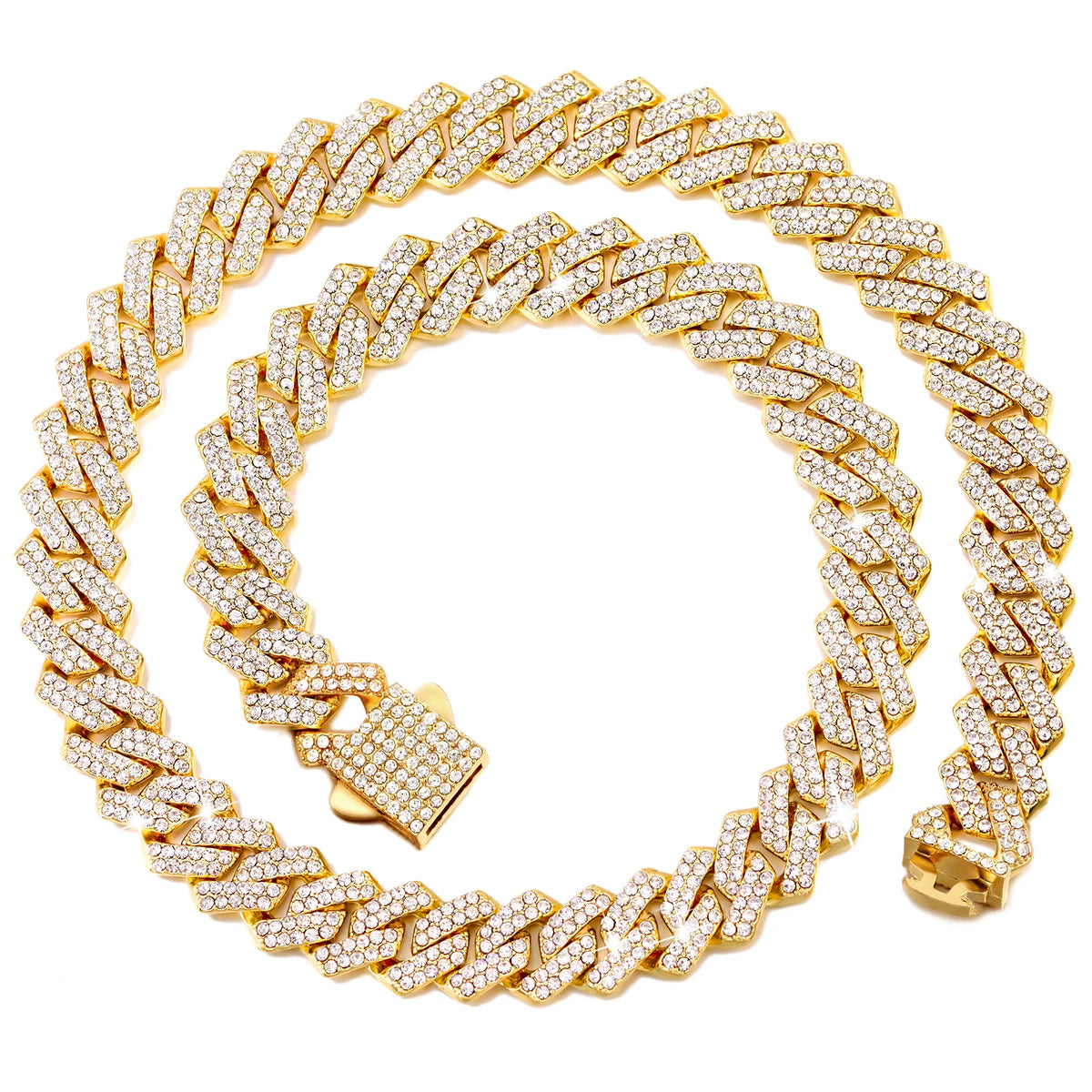 A gold iced out Cuban link chain necklace with rhombus diamond accents displayed on a white background.
