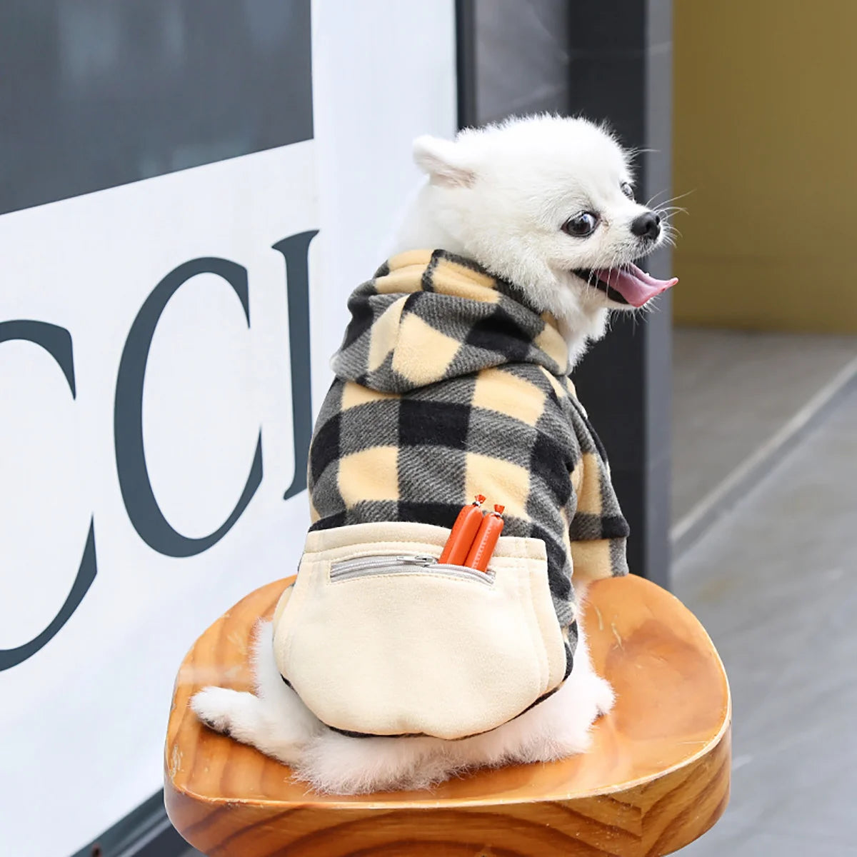 Plaid Fleece Pet Hoodie with Zipper Pocket