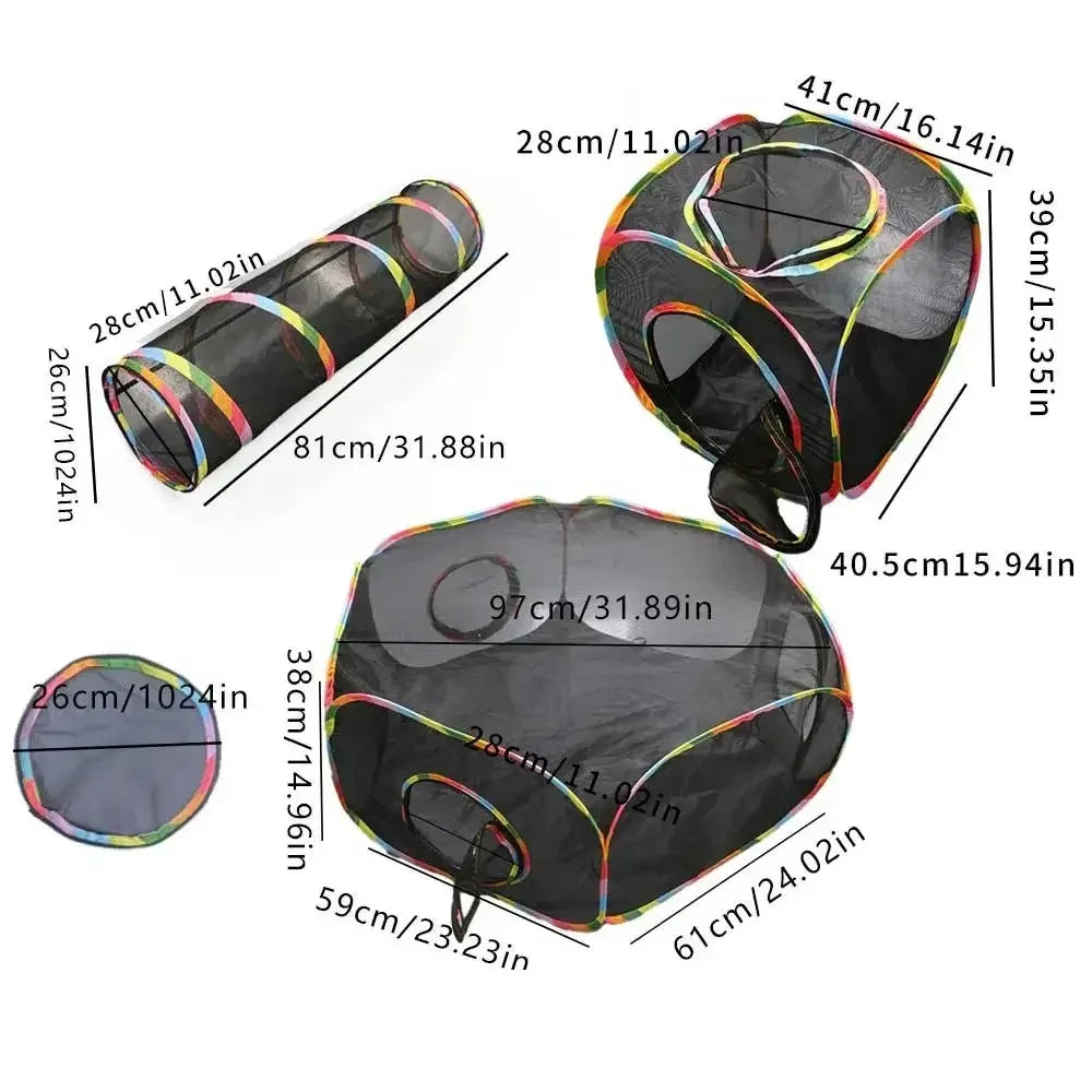 Foldable mesh cat play tunnel featuring a tent and cube structure with various sizes.