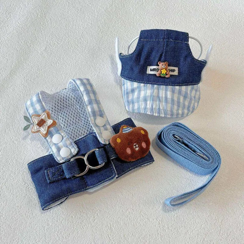 Denim Dog Harness and Leash Set with Matching Hat
