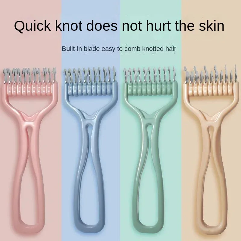 A set of pink and green pet grooming brushes designed to quickly remove knots from hair.