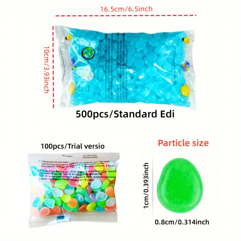 Bag of 500 glow-in-the-dark decorative stones in a clear plastic packaging