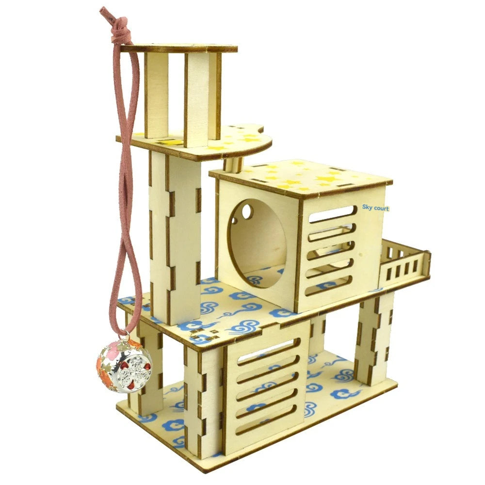 A wooden hamster playground set featuring a ladder, platform, and nest structure.