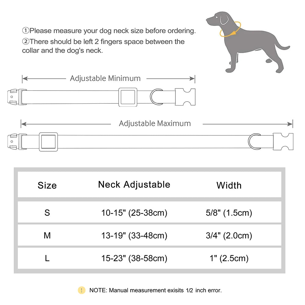 Diagram showing adjustable minimum and maximum neck sizes for a dog collar, with size chart options S, M, and L.