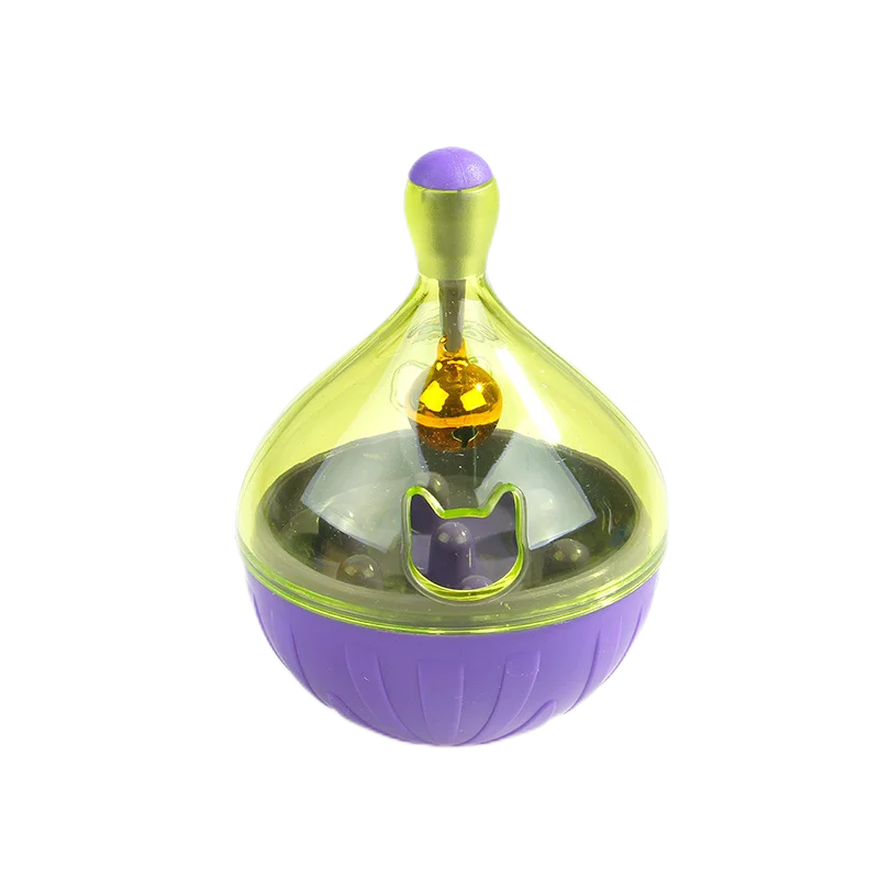 A purple and yellow interactive cat food dispensing ball toy with a small yellow dispenser top.
