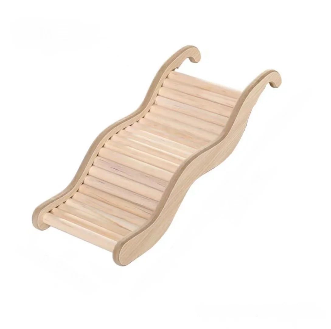 Wooden wave staircase hamster toy with a curved slide made of light wood.