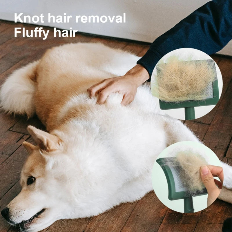 A dog is being groomed with an extra long pin slicker brush to remove knots and fluff from its coat.