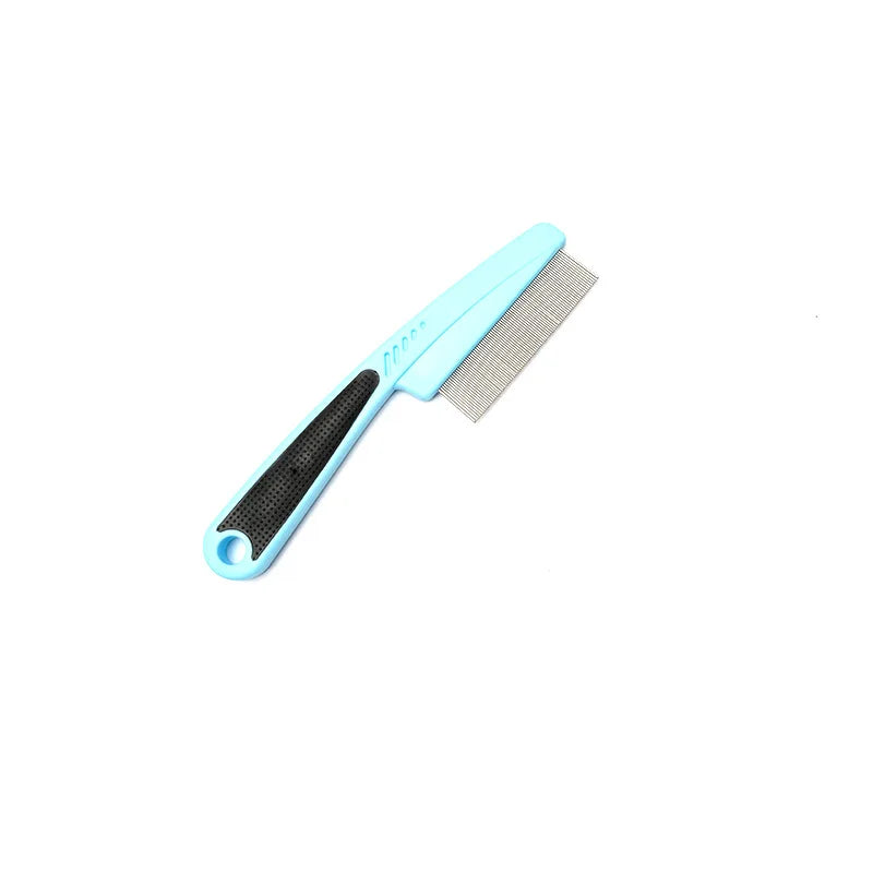 A light blue stainless steel pet grooming comb with a black handle and a metal comb head.