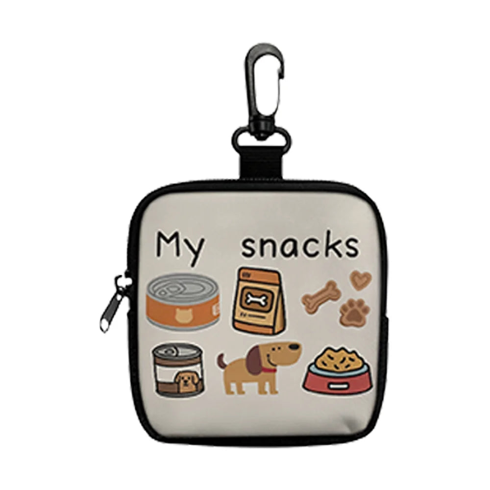 Schwarze Tasche für Hundetrainungsleckerli mit Haken und Reißverschluss, mit Illustrationen verschiedener Leckerlis.