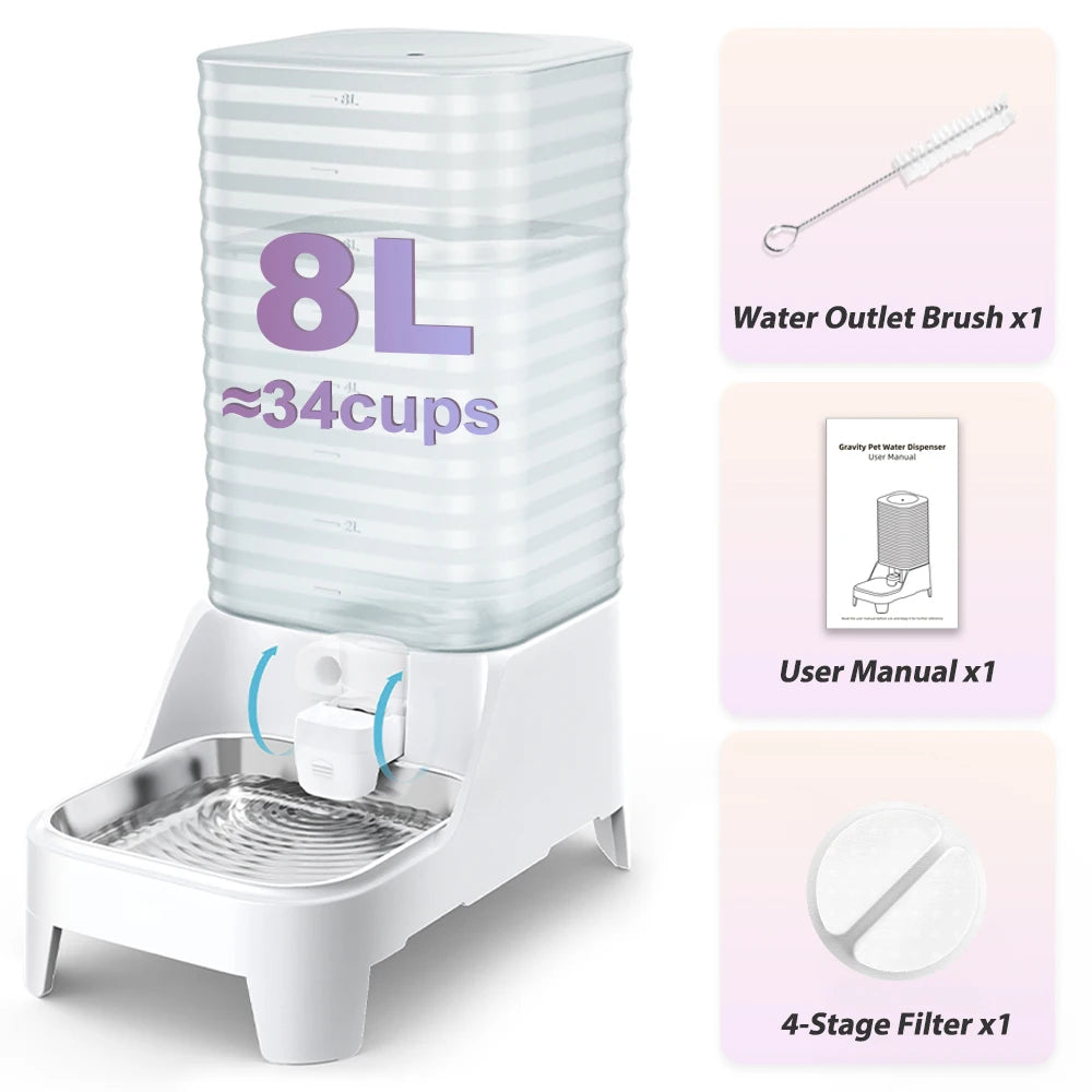 A white gravity pet water dispenser with an elevated stainless steel tray and various filter components.