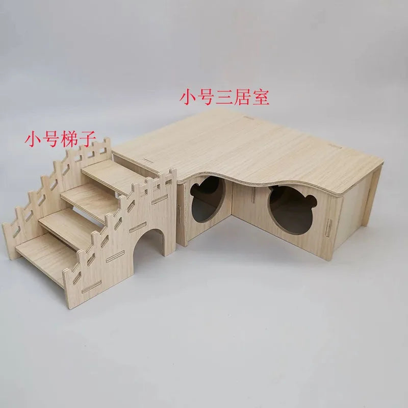A wooden multi-room maze playhouse designed for hamsters, featuring climbing stairs and tunnels.
