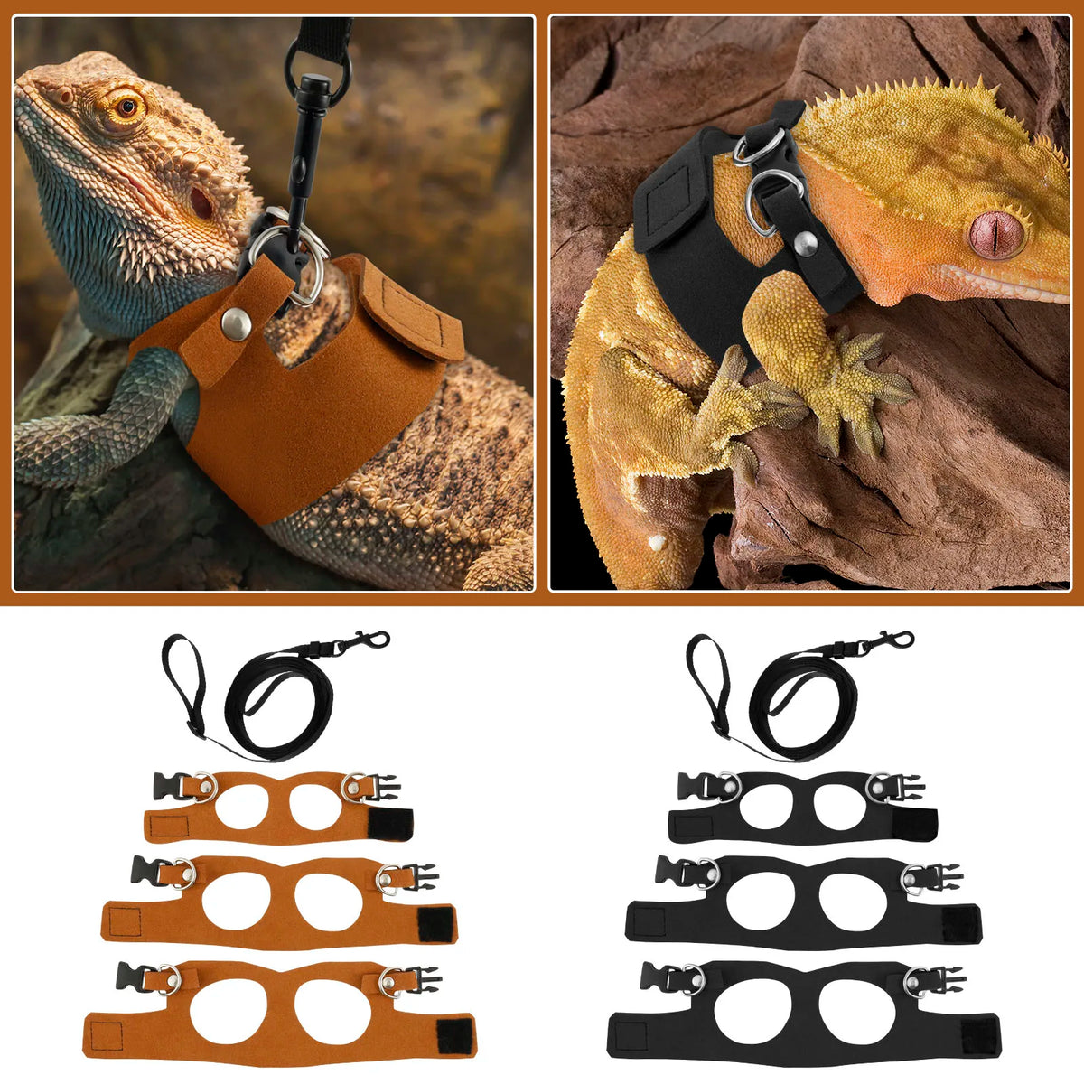 A set of three soft leather harnesses and leashes for small pets, shown in various sizes and colors.