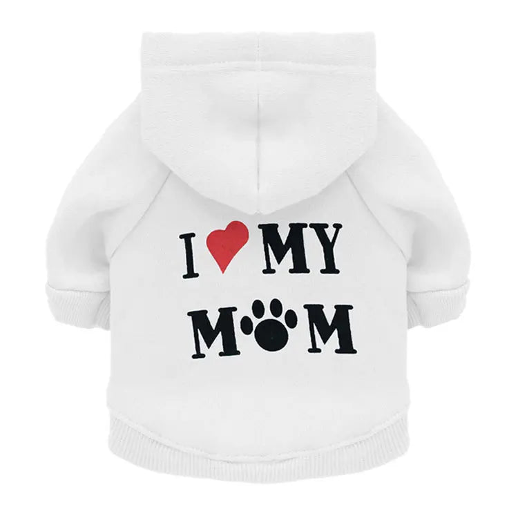 White sweatshirt hoodie with red heart and black paw print graphic for I Love My Mom