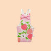 Traje de vuelo de tela rosa para loros con corbatín y estampado de fruta