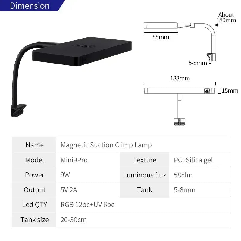 Black magnetic suction clamp lamp for aquarium lighting with 5-8mm output and 9W power
