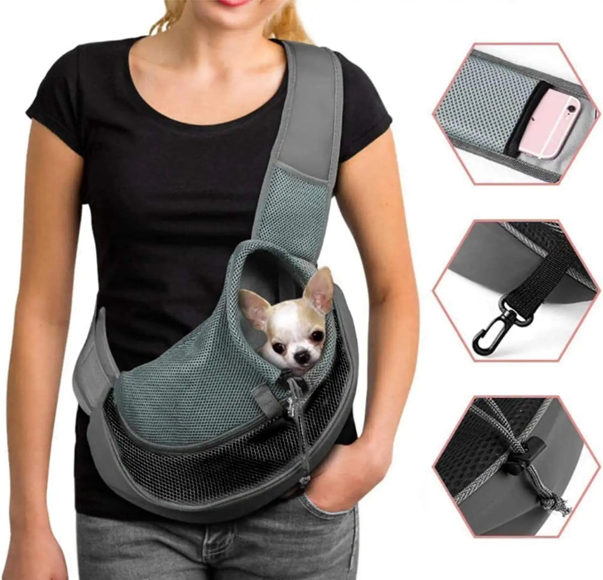 A woman wearing a black shirt is holding a gray mesh pet sling carrier for small dogs and cats.