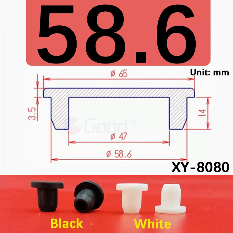 Black and white silicone rubber hole plugs shown next to a measurement diagram.