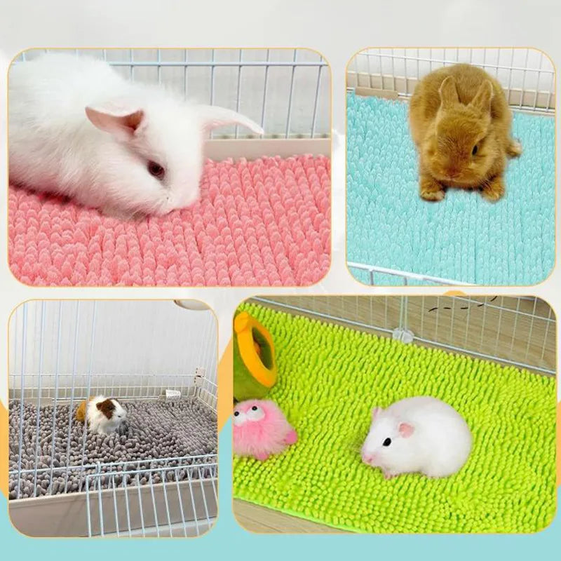 A set of four washable fleece cage liners for small pets, including a white rabbit, a brown rabbit, and two pink and white mi
