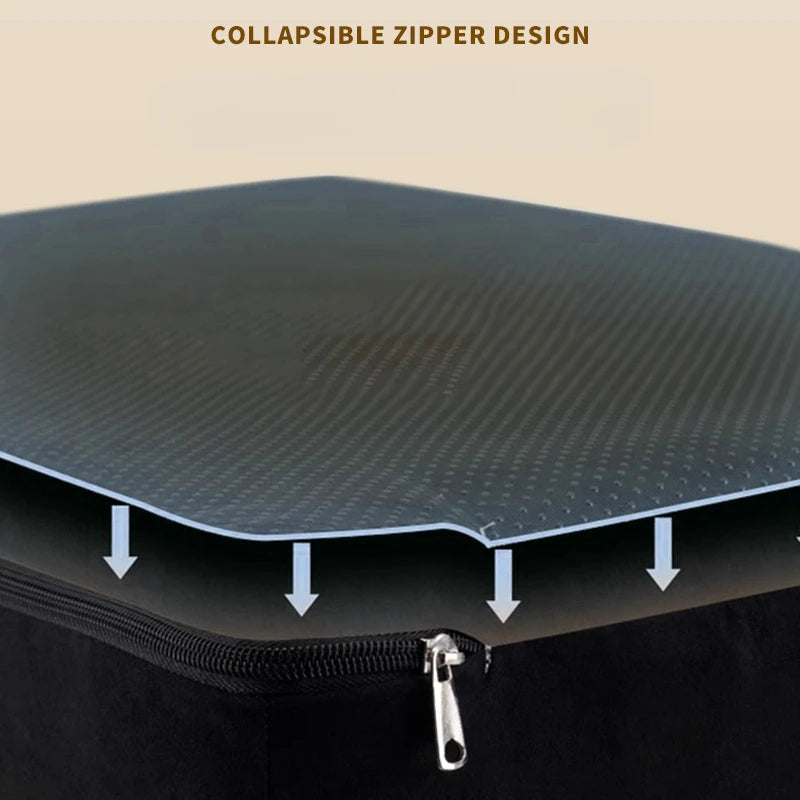 Close-up of a black collapsible zipper design on a memory foam pet ramp for dogs and cats.