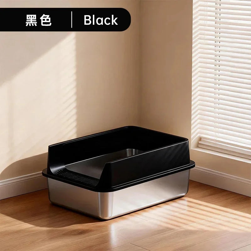 Extra-Large Stainless Steel Cat Litter Box with Splash-Proof Rim
