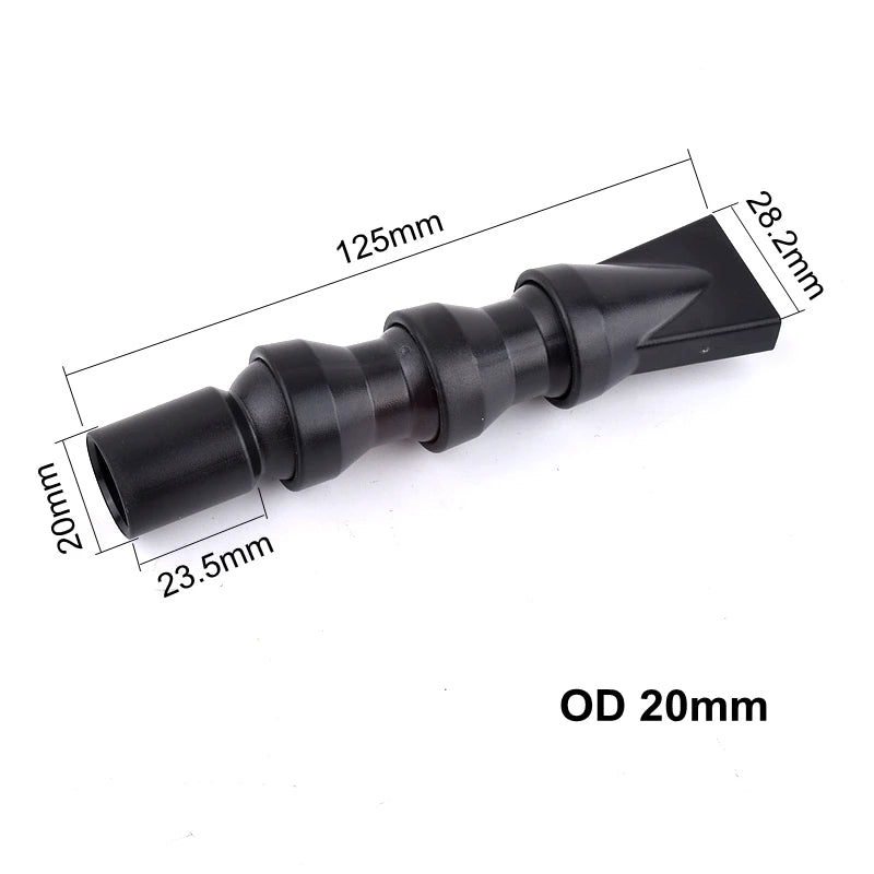 Schwarzer, verstellbarer Aquarium-Wasserauslassdüse mit 20 mm Außendurchmesser und verschiedenen Längenangaben.