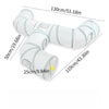 A white collapsible indoor play tunnel for cats shown in various lengths and angles.