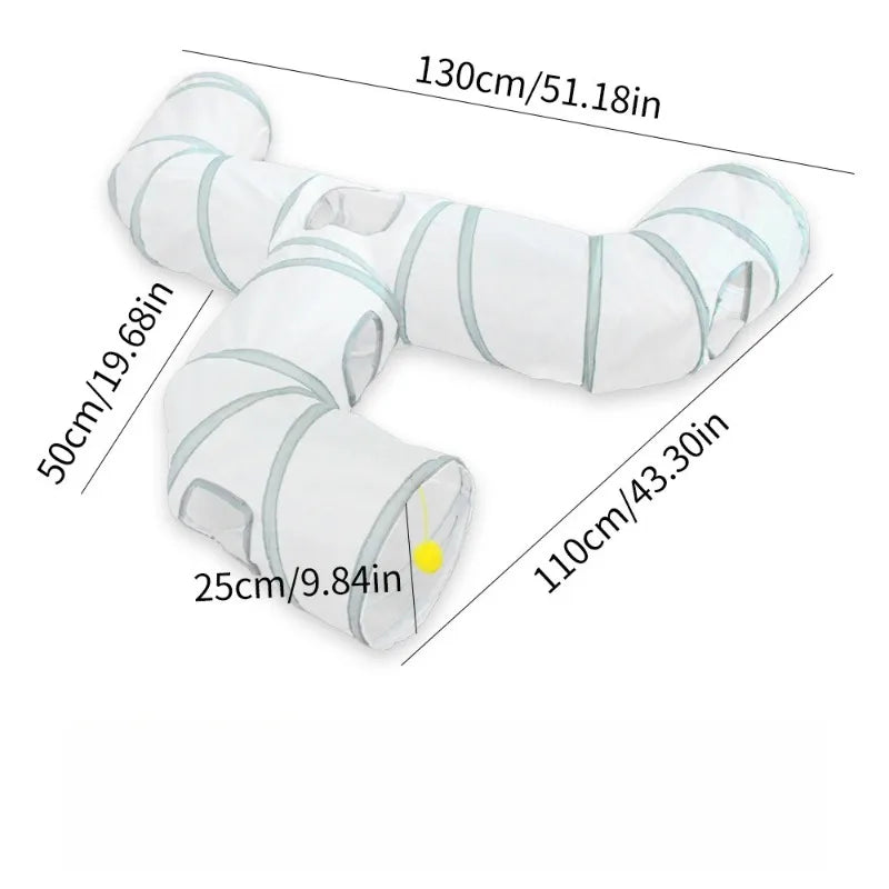 A white collapsible indoor play tunnel for cats shown in various lengths and angles.