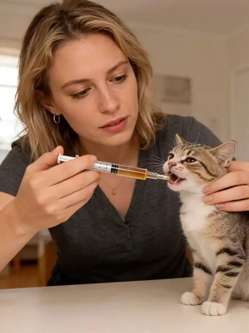 A woman is administering a liquid medication using a syringe to a tabby cat.
