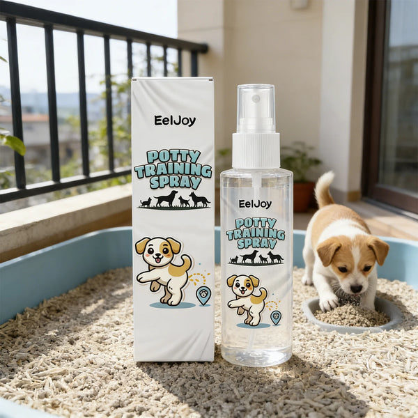 A bottle of EelJoy Potty Training Spray next to a vertical sign featuring the same product and illustrations for dog potty tr