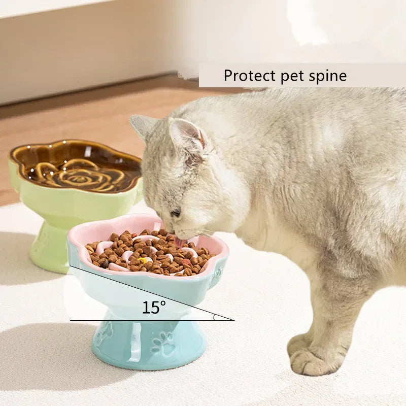 Elevated Ceramic Slow Feeder Bowl for Cats and Small Dogs