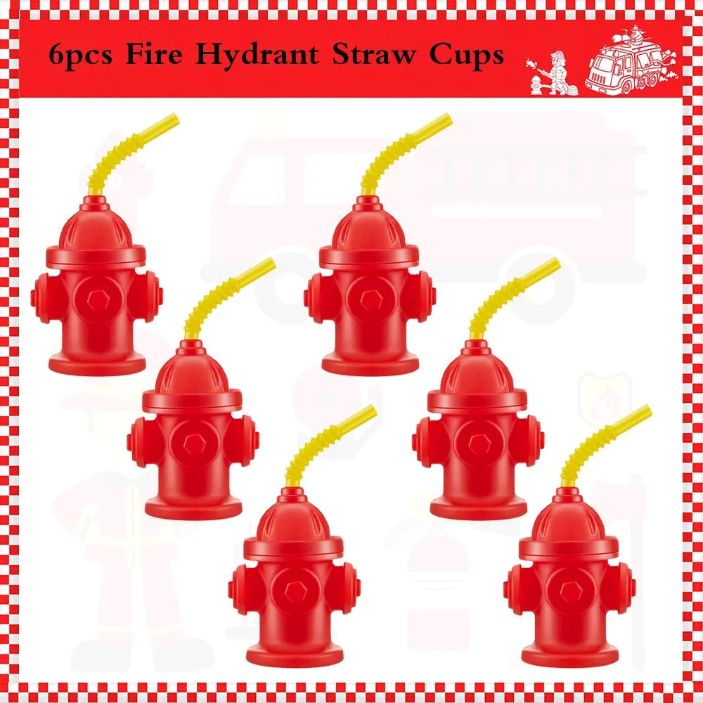 Six red fire hydrant straw cups with yellow straws and lids for parties