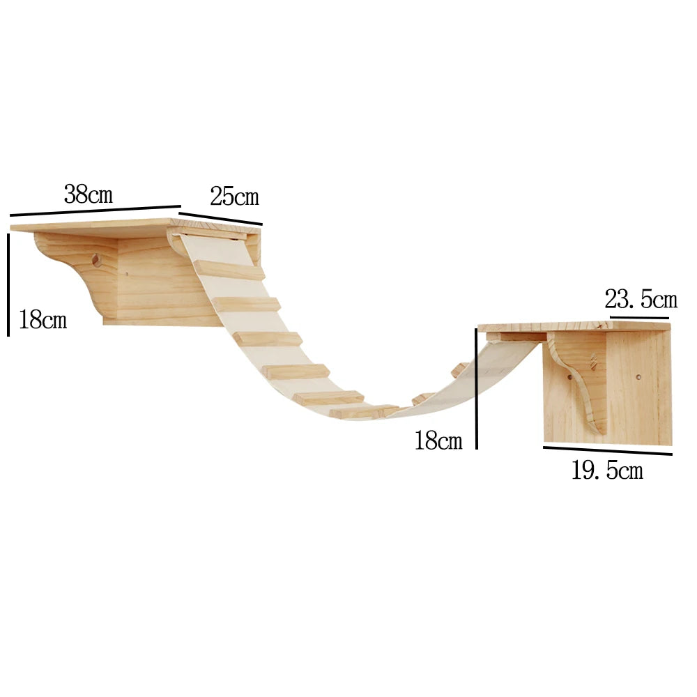Wall-mounted wooden cat climbing hammock showing dimensions and mounting details.