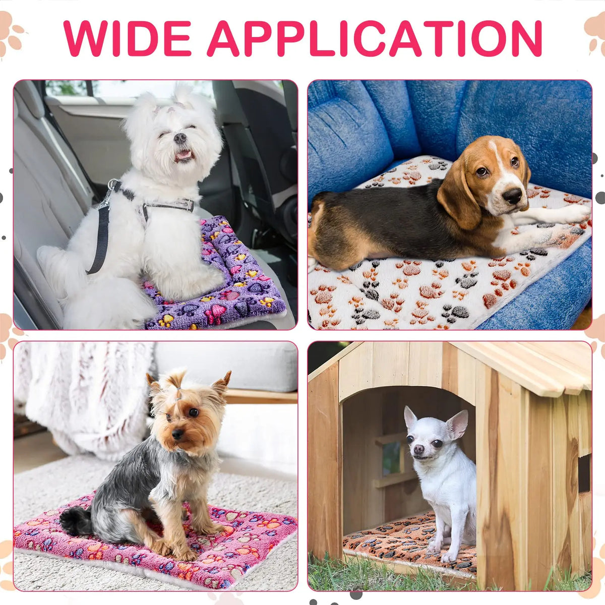 A collection of cozy plush flannel pet mats and sleeping pads for dogs and cats shown in various contexts.