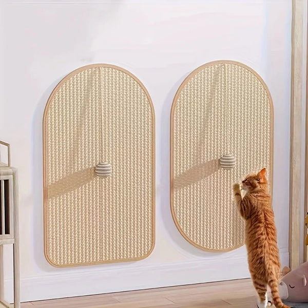 A natural sisal cat scratching pad mounted on a white wall, featuring a cylindrical scratching post.